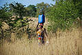 Woman with baby carrying water back from the well to her village, near Catine, Mozambique 